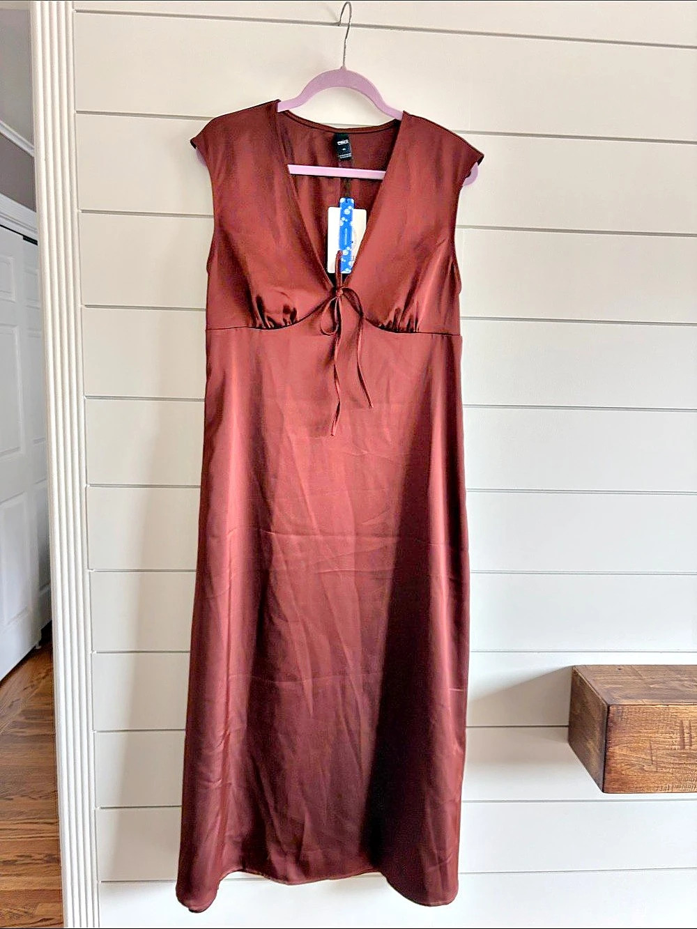 Cider Satin Tie Front Midi Dress Brown XL NWT